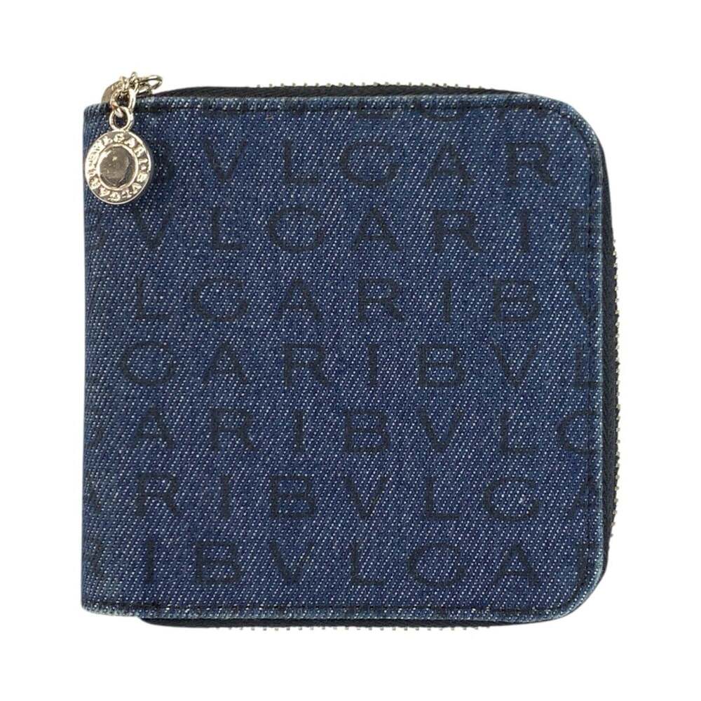 BVLGARI Logomania Blue Black Silver Hardware Denim Leather Folding Wallet Com...